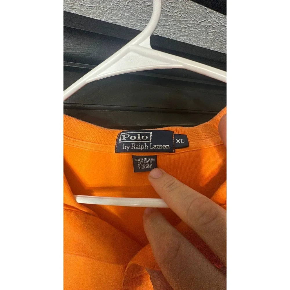 Polo Ralph Lauren short sleeve orange with aqua blue pony collar wear side torn